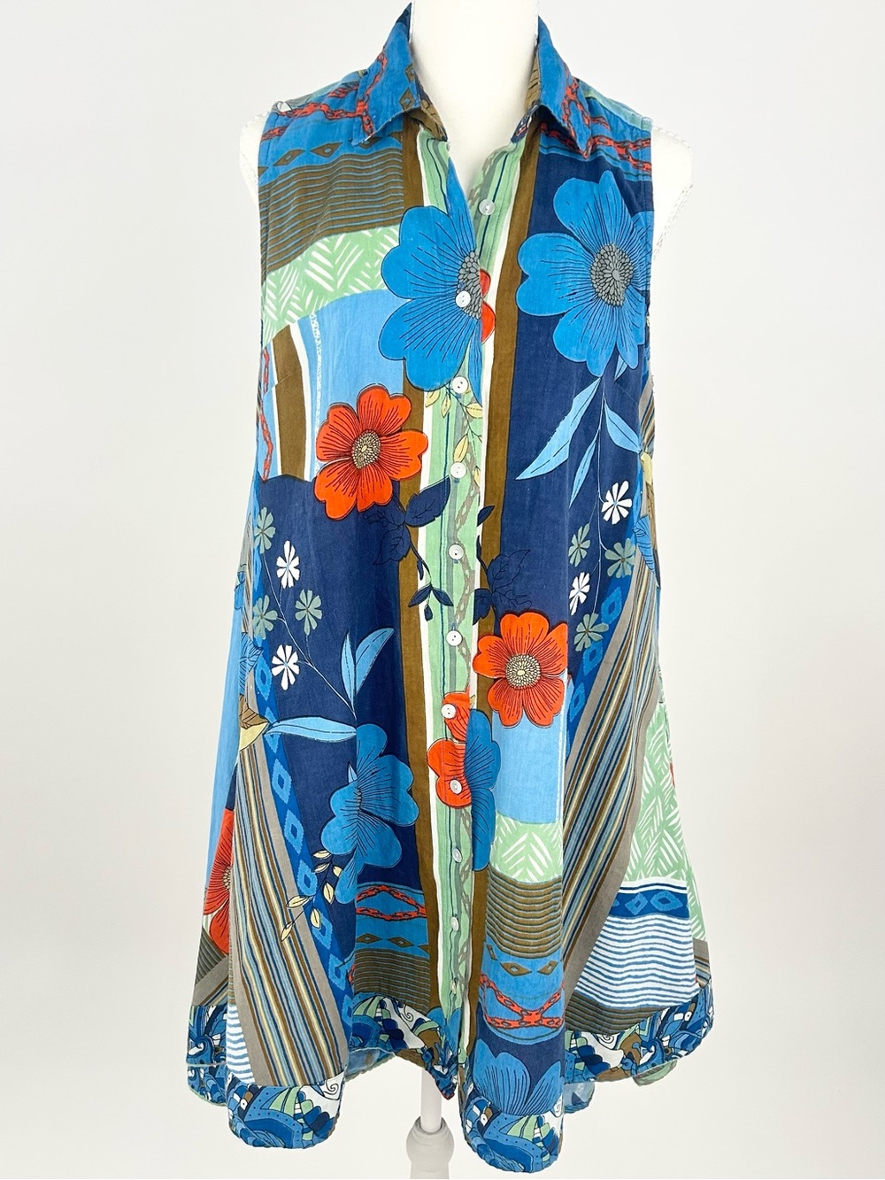 Dalin Linen Blend Sleeveless Floral Patchwork Button Front Swing Dress Medium